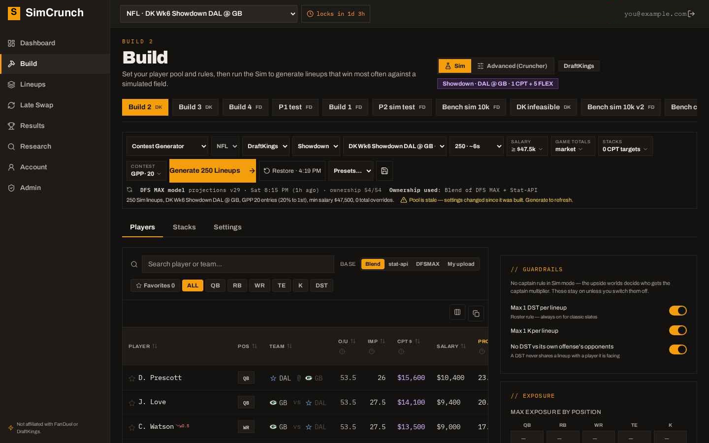DFSMax Build page with the player table and Sim panel